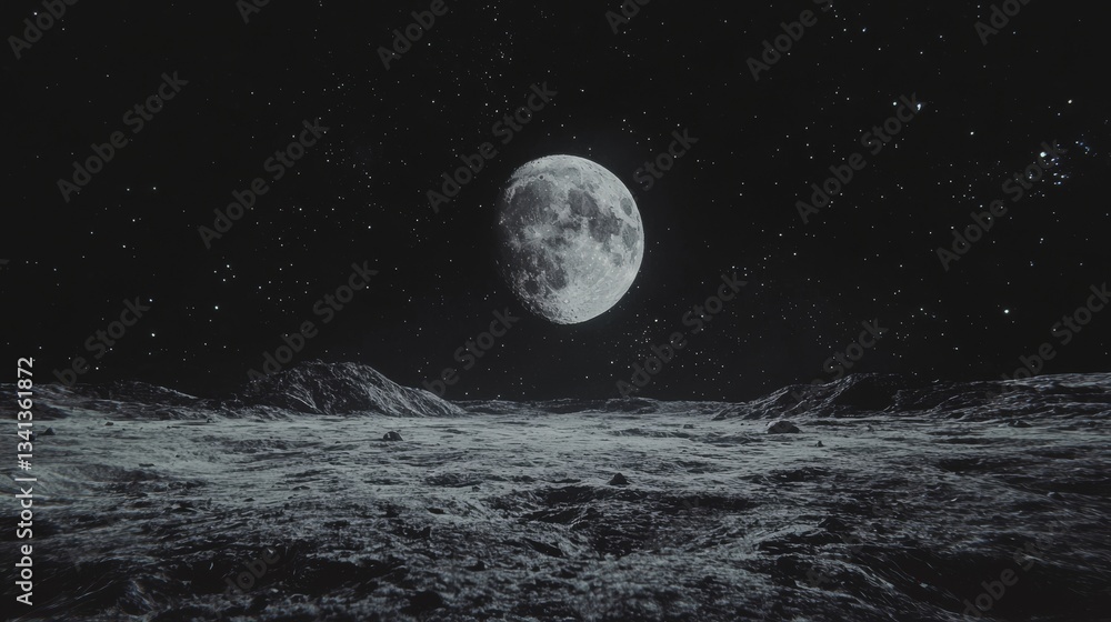 Fototapeta premium The full moon exists in the outer space, which is a blue dark space filled with stars and nebula, and it is a satellite of Earth with craters on the planet, with elements of this image furnished by
