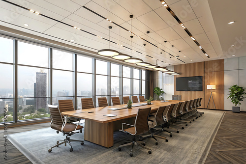 Modern office meeting room table and chairs Modern Meeting Room Modern Empty Meeting Room with Big Conference Table with Various Documents and Laptops on it