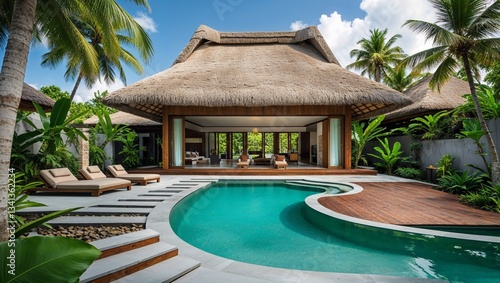 Wallpaper Mural luxurious tropical villa with a modern, open-air design. The architecture features a thatched roof with sharp, angular lines, creating a striking silhouette against the sky. Torontodigital.ca