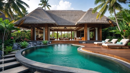 Wallpaper Mural luxurious tropical villa with a modern, open-air design. The architecture features a thatched roof with sharp, angular lines, creating a striking silhouette against the sky. Torontodigital.ca