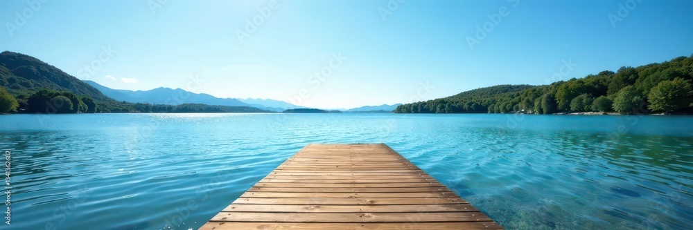 Naklejka premium Sun-drenched wooden dock extends over tranquil lake, clear blue sky, summer, landscape