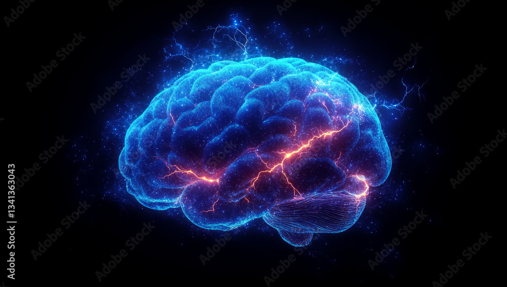 Glowing blue brain with lightning radiates power of thought and ideas Glowing blue brain with lightning radiates power of thought and ideas