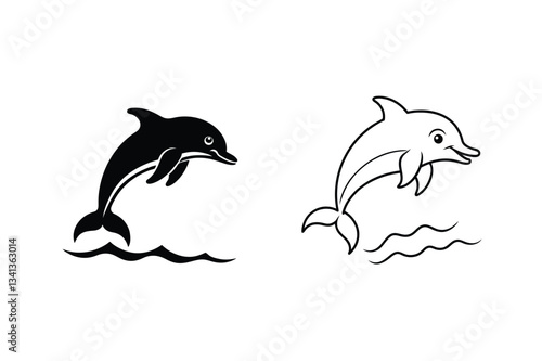 Two playful dolphins leaping, black and white ocean designs