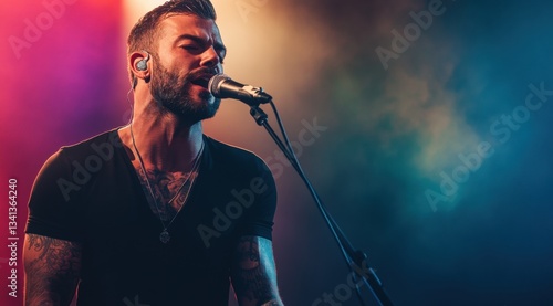 A male singer with a microphone on stage, singing. Portrait photography with concert lighting and a colorful background.