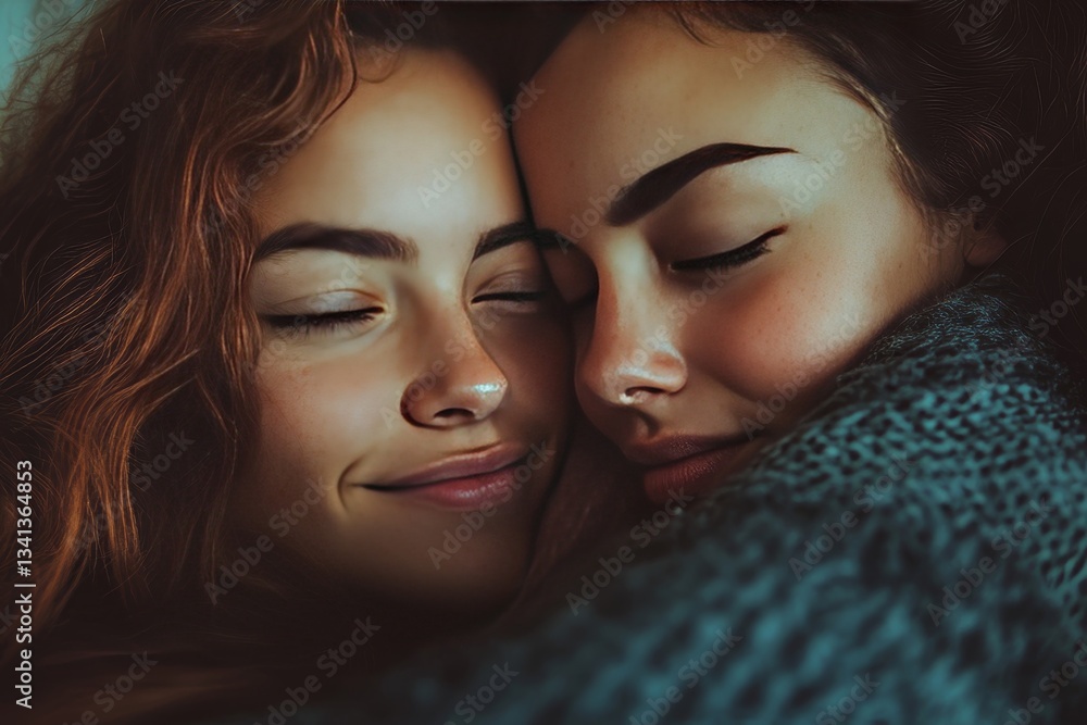 Obraz premium two woman lovingly embracing with their eyes closed, radiating warmth and affection