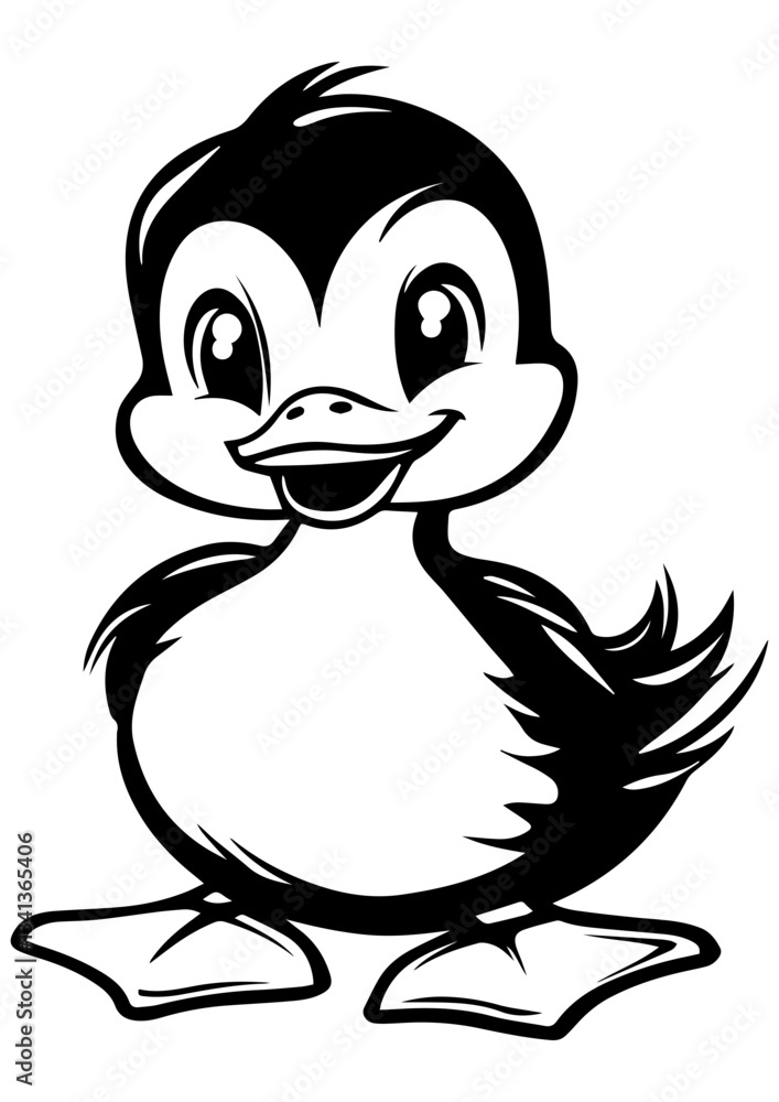 Fototapeta premium Black and white vector duck illustration. Bird character, wild animal, design. Line art for tattoo, logo, engraving, laser cutting, and design projects.