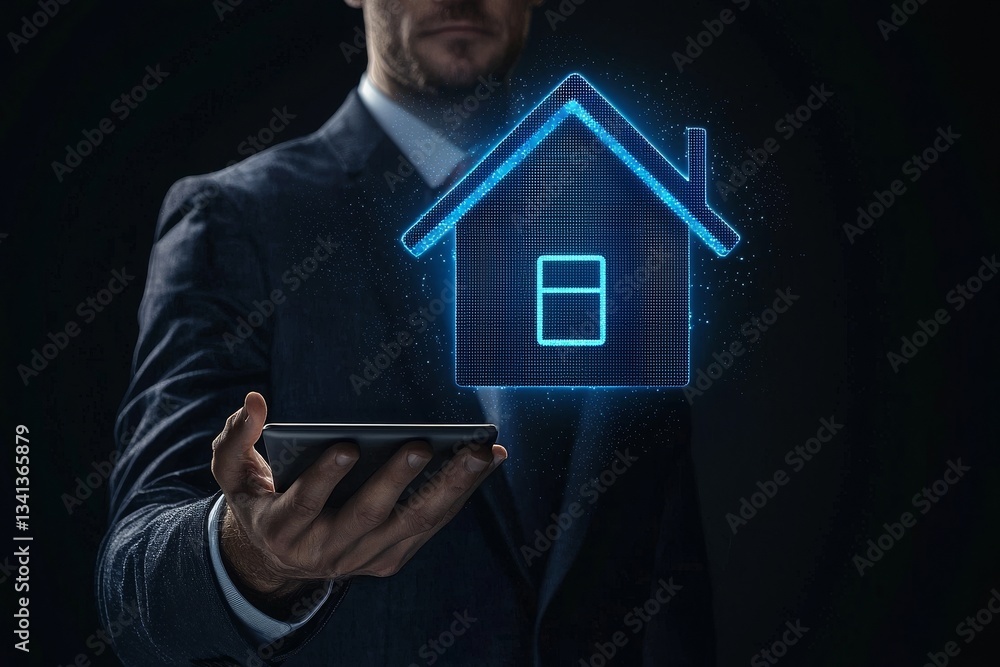 The concept of insurance is illustrated by a businessman holding a house icon, which facilitates deals with corporate companies for qualified clients The concept of insurance is illustrated by a businessman holding a house icon, which facilitates deals with corporate companies for qualified clients