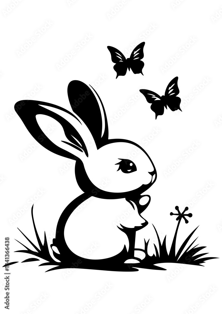 Black and white vector cartoon bunny, rabbit, hare illustration. Rabbit character, wildlife design. Line art for tattoo, logo, engraving, laser cutting, and design projects. Black and white vector cartoon bunny, rabbit, hare illustration. Rabbit character, wildlife design. Line art for tattoo, logo, engraving, laser cutting, and design projects.