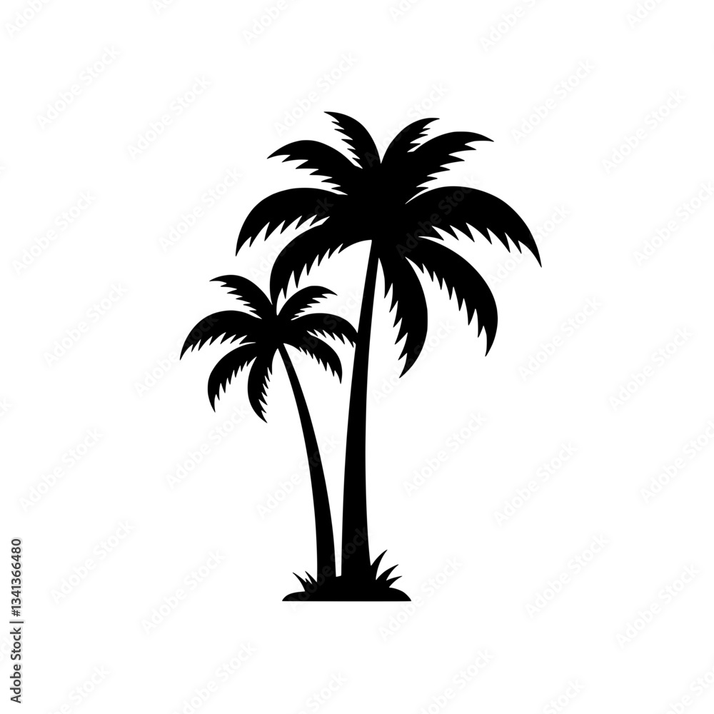 Obraz premium Tropical Silhouette: A striking silhouette of two palm trees standing tall against a background, evoking a sense of exotic destinations and tranquil escapes.
