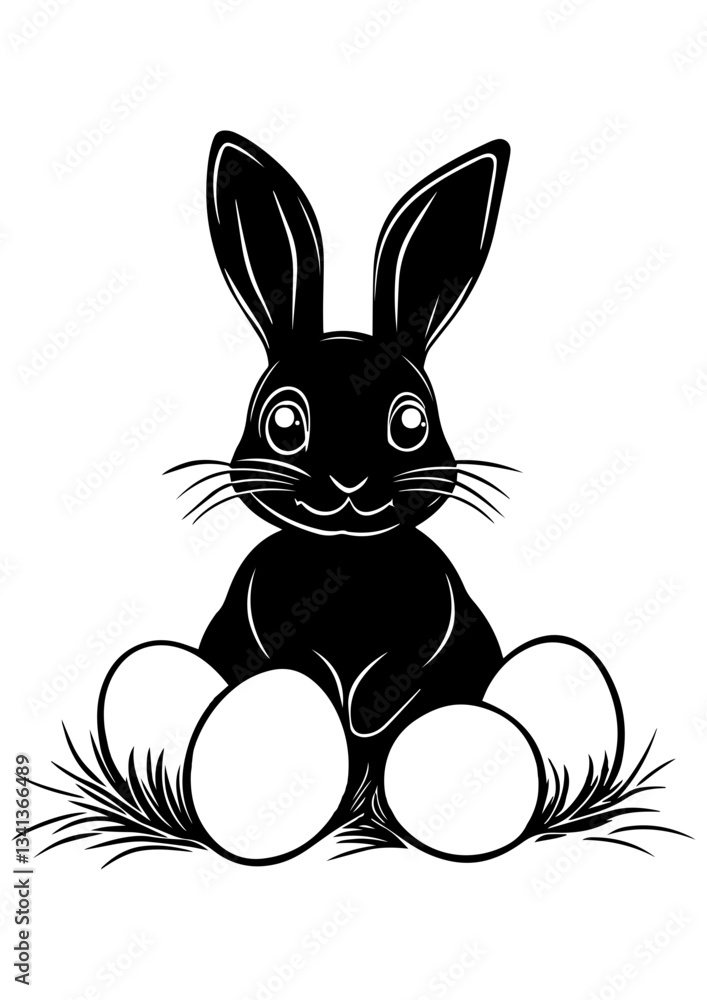 Fototapeta premium Black and white vector cartoon bunny, rabbit, hare illustration. Rabbit character, wildlife design. Line art for tattoo, logo, engraving, laser cutting, and design projects.