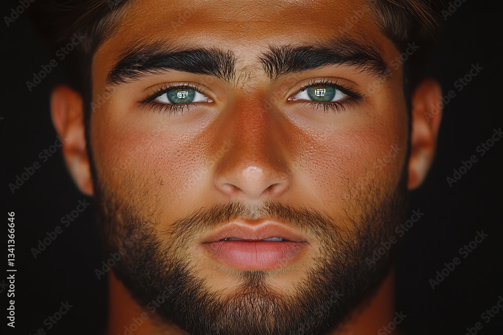 Man's face, eye close up, intense gaze, black background Man's face, eye close up, intense gaze, black background