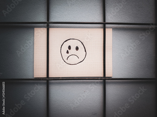 Photos paper with a drawing of a sad face behind bars representing prison