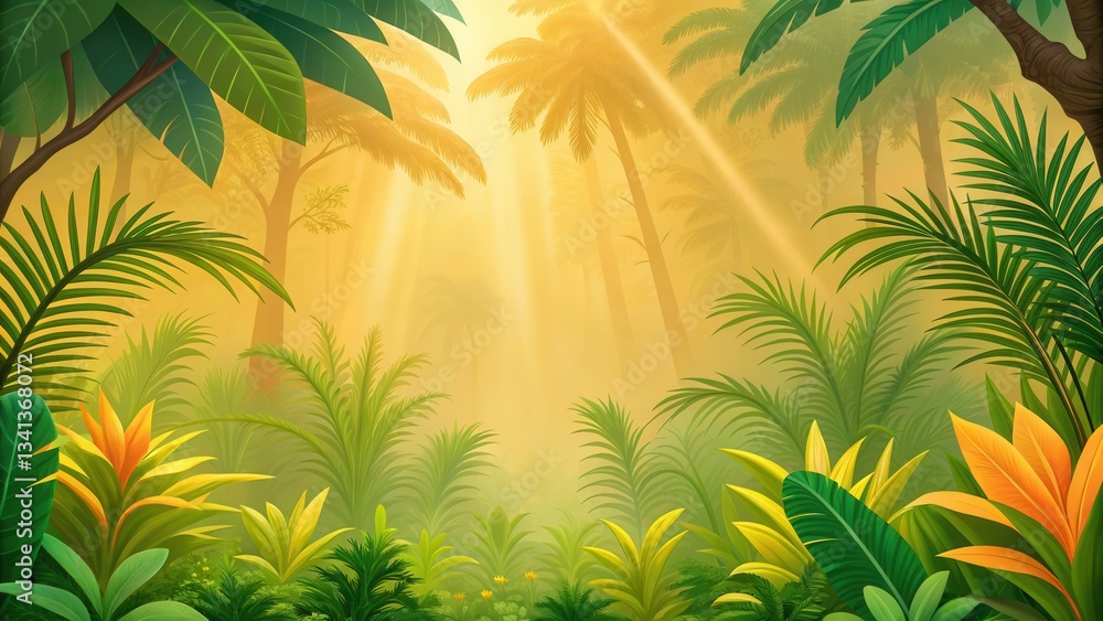 Lush tropical jungle with vibrant foliage and sunlight streaming through the trees. Lush tropical jungle with vibrant foliage and sunlight streaming through the trees.