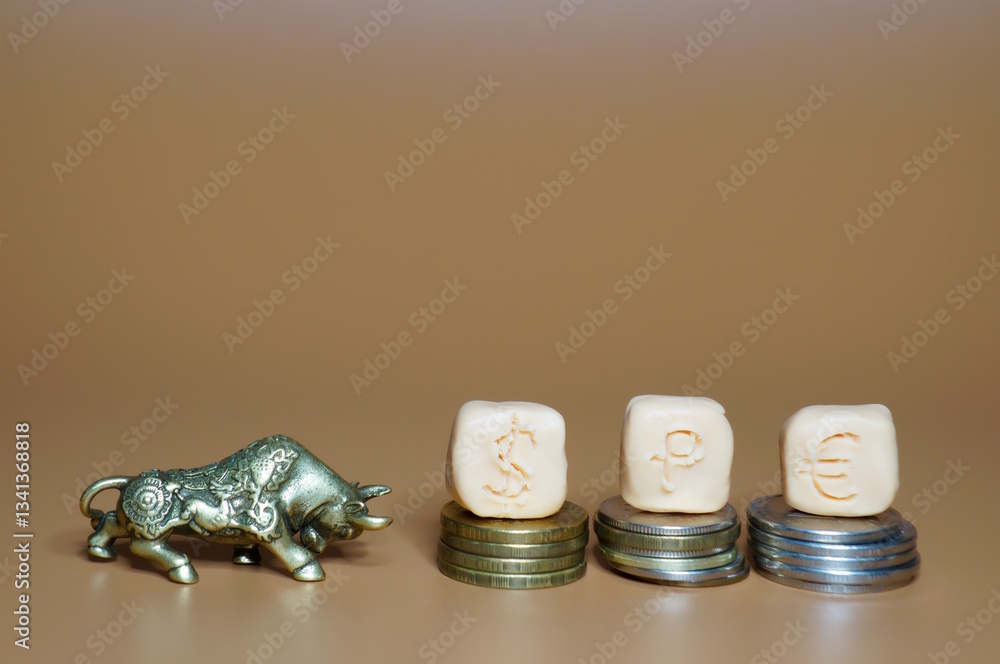 Dollar, ruble and euro icons. There is a bull figurine next to it. Dollar, ruble and euro icons. There is a bull figurine next to it.
