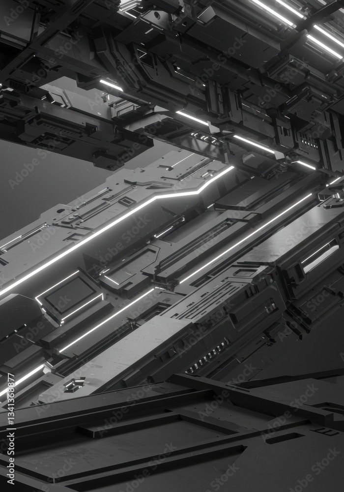 Obraz premium A detailed, abstract composition of metallic panels and glowing lines, creating a sense of futuristic technology and industrial design. The image evokes a sense of complexity and intrigue.