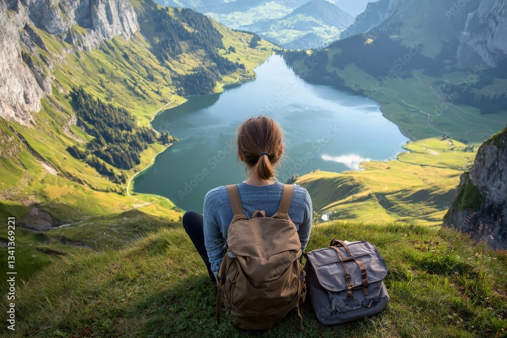 Tourists are found in the Swiss mountains by Lake Oeschinensee Tourists are found in the Swiss mountains by Lake Oeschinensee