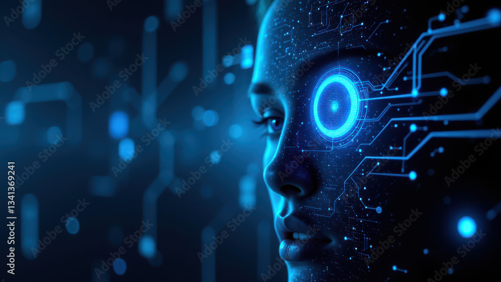 A woman's face with a cybernetic eye overlayed on digital grids, symbolizing cybersecurity or AI-assisted tech. A woman's face with a cybernetic eye overlayed on digital grids, symbolizing cybersecurity or AI-assisted tech.