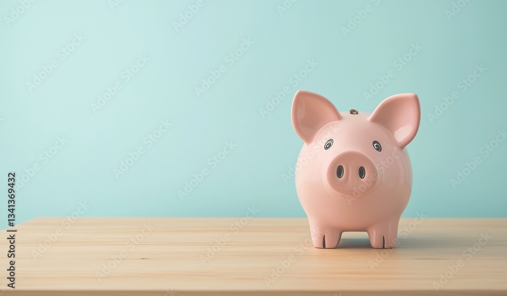 The concept of saving and investing is represented by a piggy bank positioned on a wooden table with a blue background The concept of saving and investing is represented by a piggy bank positioned on a wooden table with a blue background
