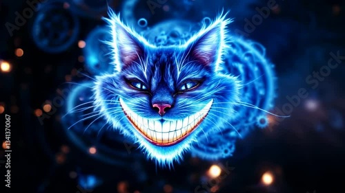 A glowing, blue, Cheshire Cat-like face with a wide grin, amidst gears and darkness. Mystery, surreal. Embodies the whimsical and slightly unsettling nature of the character. 4k 60 fps.