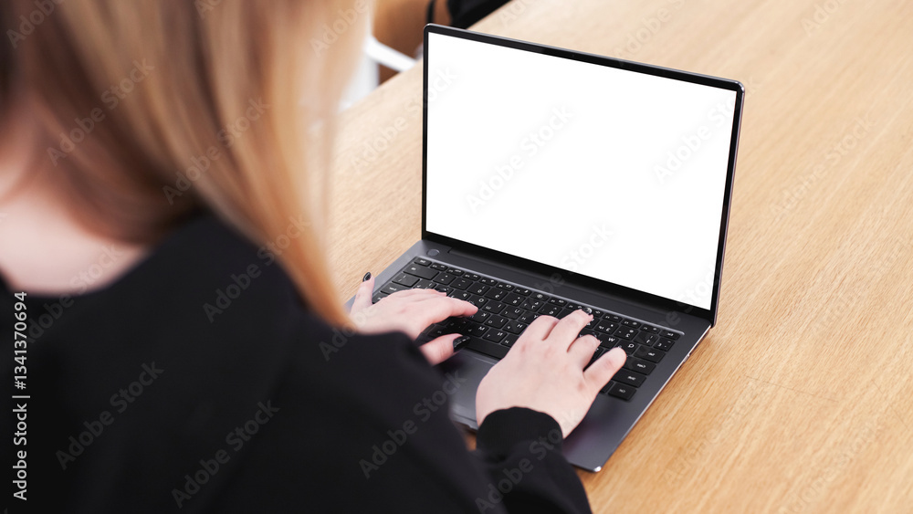 Young white woman working on computer with blank copy space screen on table in home office. close up female businesswoman hands typing text, surfing internet on modern laptop. mock up, front view Young white woman working on computer with blank copy space screen on table in home office. close up female businesswoman hands typing text, surfing internet on modern laptop. mock up, front view