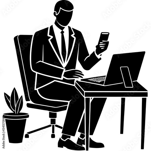 Silhouette of a businessman sitting at a desk, multitasking while using a smartphone