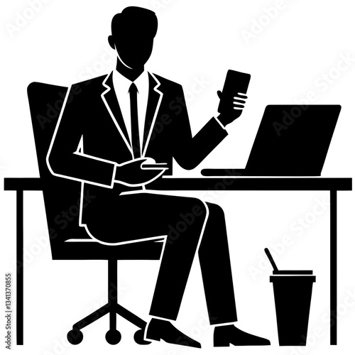 Silhouette of a businessman sitting at a desk, multitasking while using a smartphone