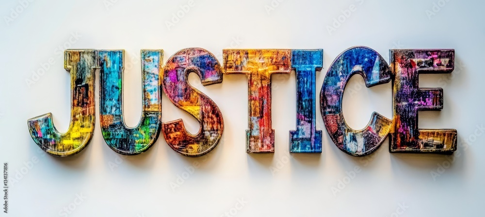 Naklejka premium Colorful Justice Word Art Bold Multicolored Letters Spell Out Justice on a Clean White Background