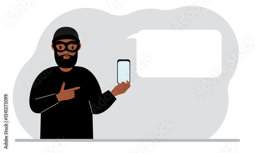 Hacker in a black mask with a mobile phone. The cybercriminal is holding a smartphone. Cyber attack, mobile phishing, scam. Vector flat illustration