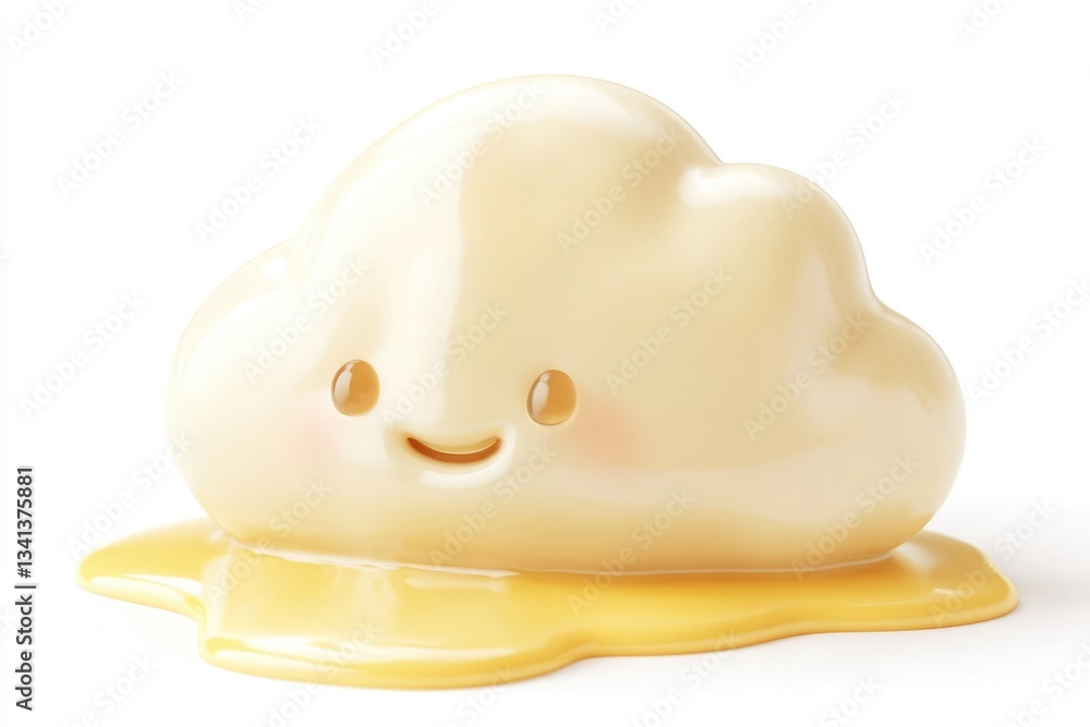 Fototapeta premium A cute, melting cloud-shaped character with a happy face, dripping yellow liquid.