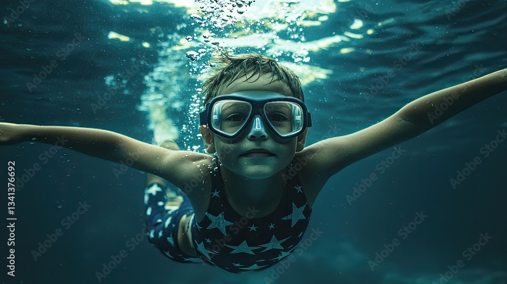 Fototapeta premium Young boy wearing goggles swims underwater with outstretched arms
