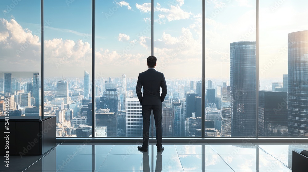 Visionary entrepreneur contemplating metropolitan skyline from high-rise office space Visionary entrepreneur contemplating metropolitan skyline from high-rise office space
