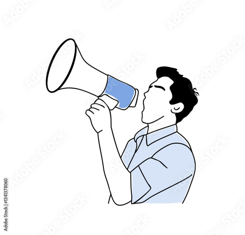 Business man shouting by megaphone, loudspeaker, making announcement. Advertising, marketing business concept. Vector simple outline drawing for graphic, web design Isolated 