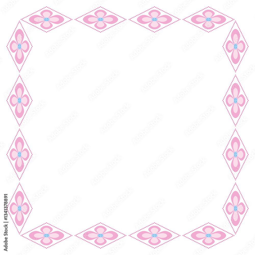 Pink floral square frame. Simple flowers isolated design element on white background. Floral tile vector illustration. Fantasy square ornament for decor clothes, home, etc. Pink floral square frame. Simple flowers isolated design element on white background. Floral tile vector illustration. Fantasy square ornament for decor clothes, home, etc.