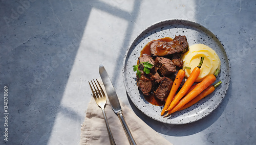 Tableau sur toile Beef stew with mashed potatoes and carrots