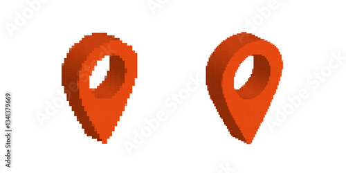 Two orange map pins in pixel art style, each with an open center, shown facing opposite directions.