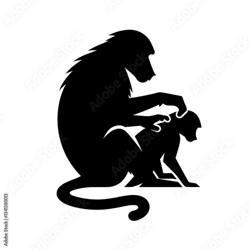 Grooming baboons silhouette on white background