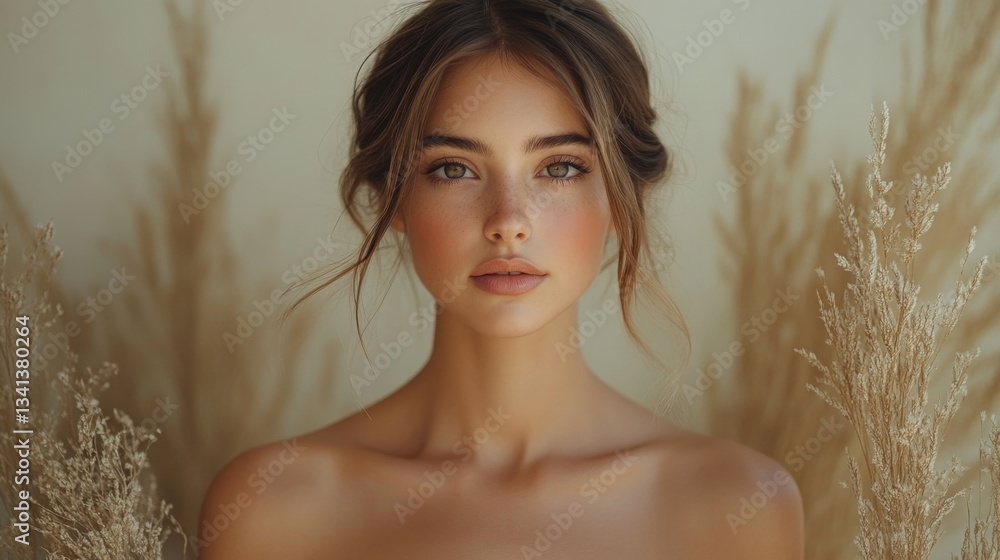 A young woman displays natural beauty, posed elegantly against a neutral background. Dried plants frame her, enhancing the serene atmosphere and soft lighting that highlights her features. A young woman displays natural beauty, posed elegantly against a neutral background. Dried plants frame her, enhancing the serene atmosphere and soft lighting that highlights her features.