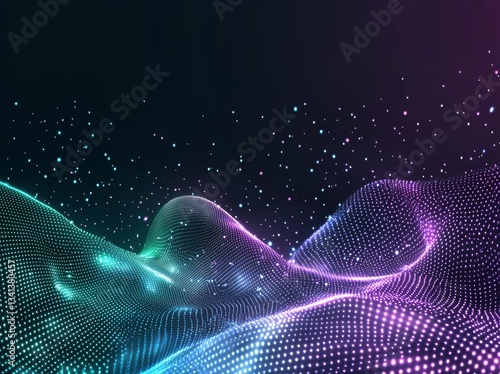 A three-dimensional composition comprising wave shapes, grids, and beams forms an abstract background element, representing an electronics and media concept, characterized by blue and black colors