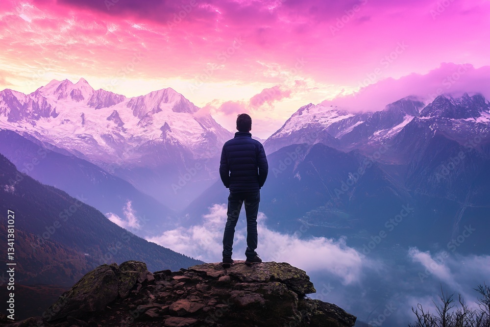 The mountains near Chamonix, France, are being viewed by a man, captured in an old film style The mountains near Chamonix, France, are being viewed by a man, captured in an old film style