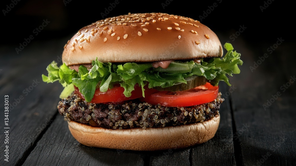 Delicious and healthy vegan burger with quinoa and black beans close up Delicious and healthy vegan burger with quinoa and black beans close up