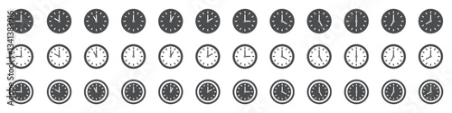 Set of time and clock icons. Analog clock, notifying each hour. Business watch. Speed time icon. Vector.