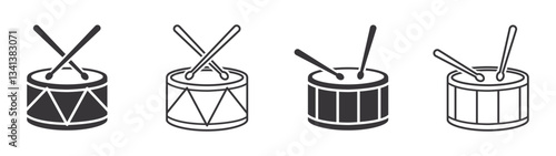 Set of drum icons. Drum sticks symbol, toy, music. Hitting drum music icon, drum band. Vector. EPS10.