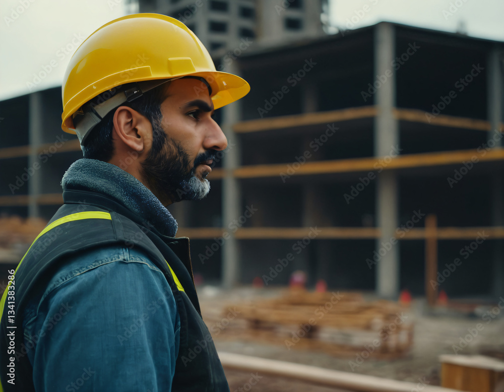 Man wearing a yellow hard hat and a dark vest construction worker, standing on a construction site. Industrial site, with construction materials and equipment around. Man wearing a yellow hard hat and a dark vest construction worker, standing on a construction site. Industrial site, with construction materials and equipment around.