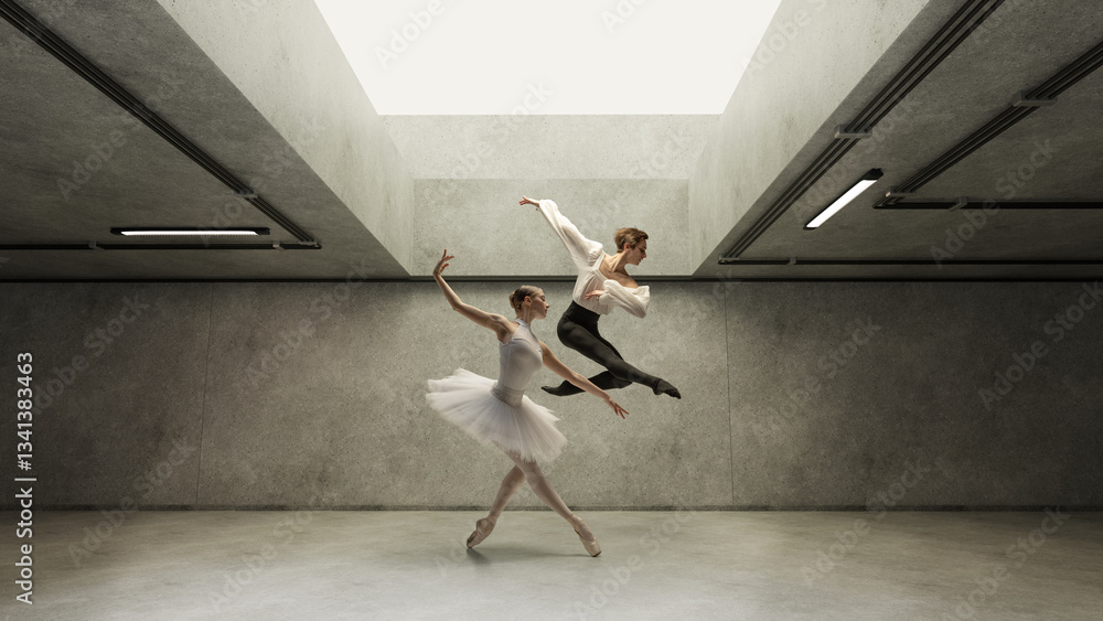 Fototapeta premium Ballerina, dressed white tutu, elegantly dancing on pointe while her male partner leaping with grace. Pair performing in urban grey setting. Concept of fusion of modernity and classical art, aesthetic