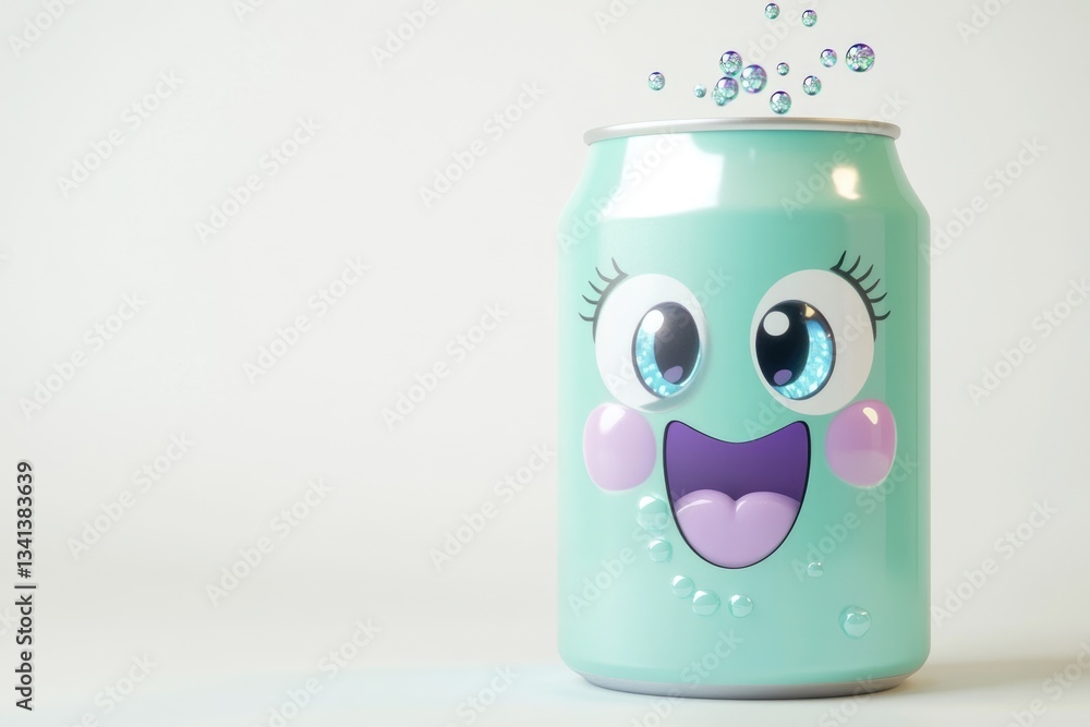 Obraz premium A cheerful, teal soda can with a cartoon face and bubbles escaping.