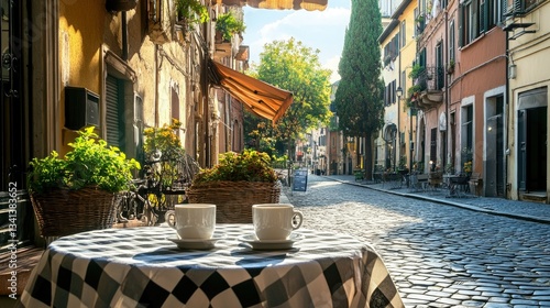 A charming outdoor Italian caf with checkered tablecloths, espresso cups, and a view of a cobblestone street.