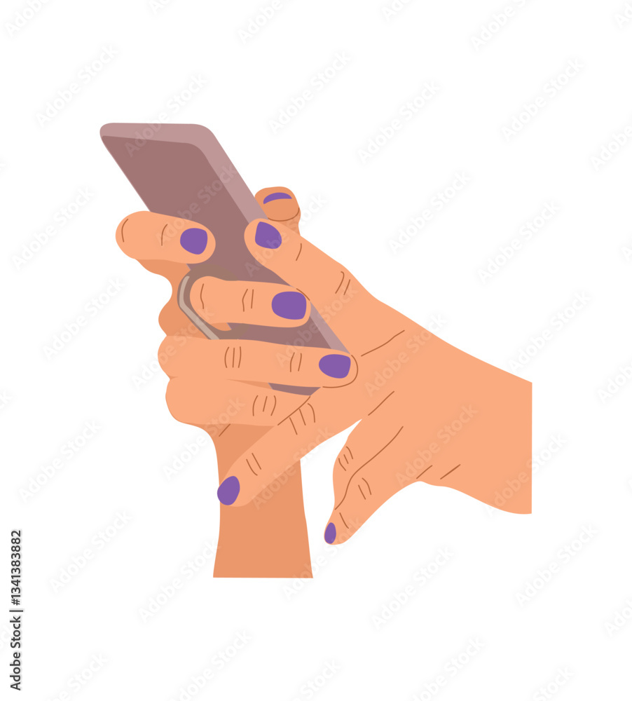 Hands holding smart phone with finger touching blank screen. Mockup of mobile phone with copy space. Flat vector realistic illustration isolated Hands holding smart phone with finger touching blank screen. Mockup of mobile phone with copy space. Flat vector realistic illustration isolated