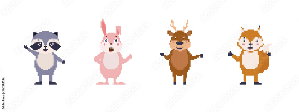 Fototapeta premium Pixel art shows raccoon, rabbit, deer, and squirrel. each holds a device adding digital charm.