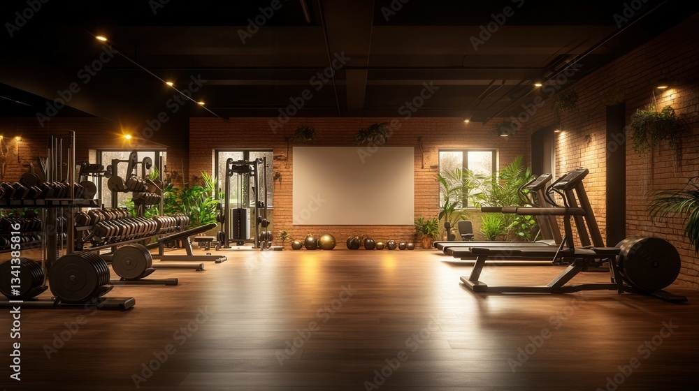 Fototapeta premium A modern, well-equipped gym with exposed brick walls features weight machines, treadmills, dumbbells, and a large blank screen perfect for fitness class presentations or ing.