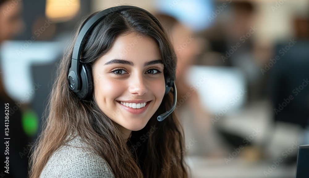 Portrait of a smiling female customer service call center worker wearing a headset at the office, a concept about support and help desk services in business Portrait of a smiling female customer service call center worker wearing a headset at the office, a concept about support and help desk services in business